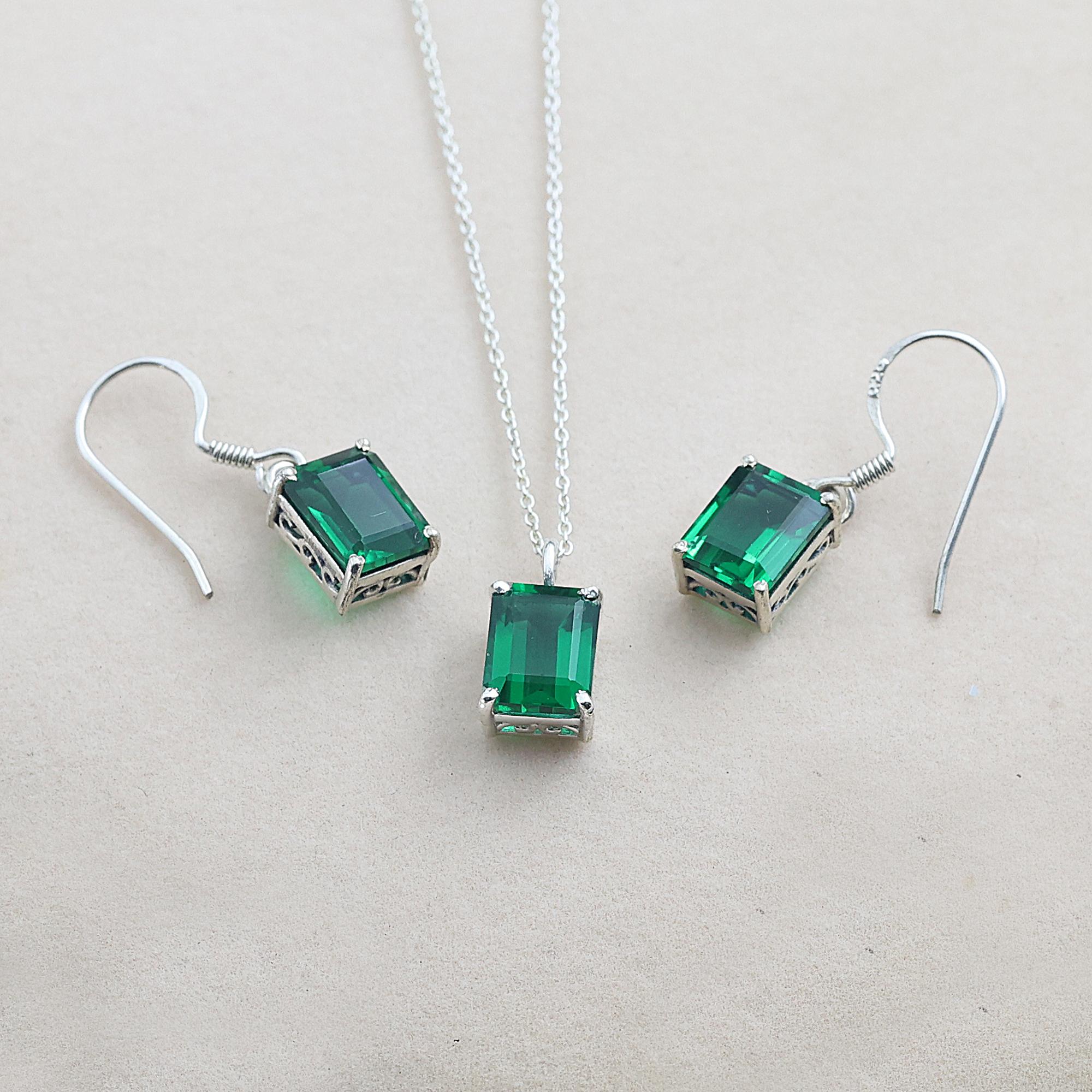 

Green Zircon Jewelry Set, Silver Jewelry, Women Necklace Earring, Gift For Her зелений