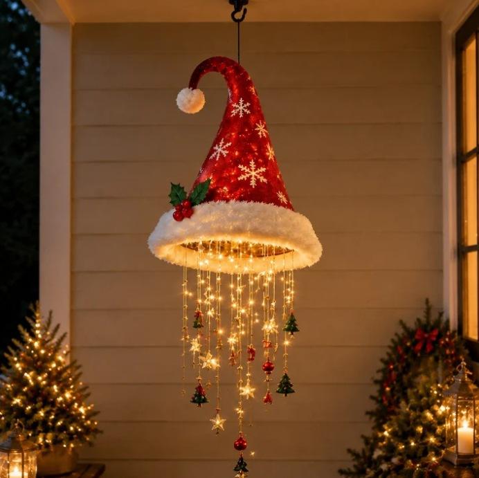 Beleuchteter Weihnachtsmannmützen-Kronleuchter - Warm leuchtende LED-Weihnachtsdekoration Hängender Kronleuchter 5 Stile für festliche Dekoration