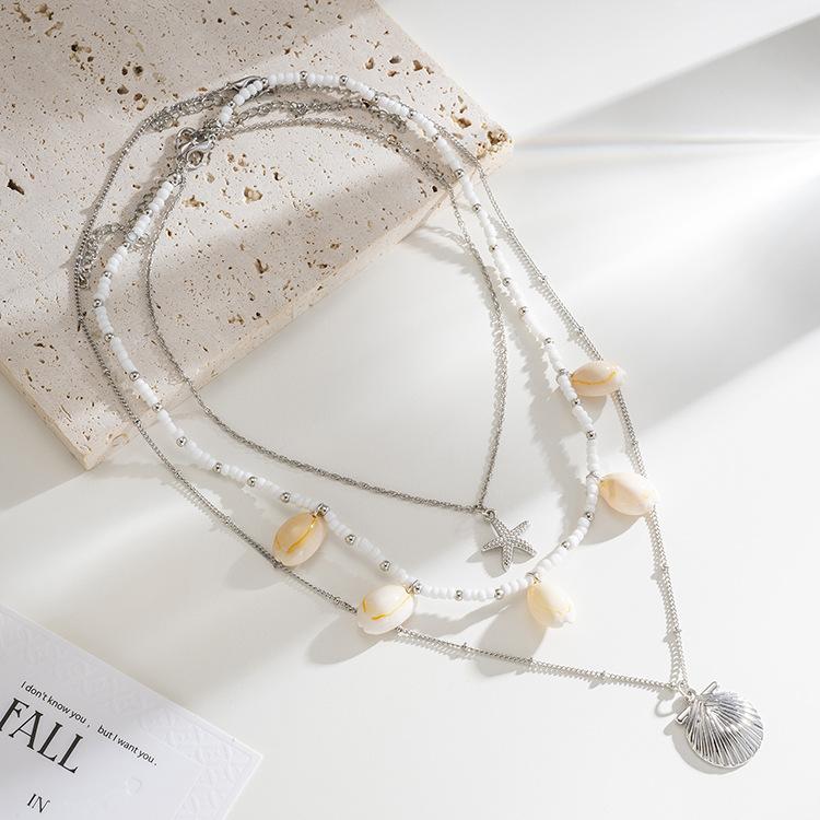 Multi Layered Pearl Shell Starfish Necklace for Women Elegant Lady Handmade Summer Vocation No Rusting Chain Necklaces Jewelry