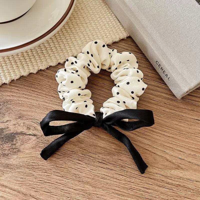 Versatile Black & White Polka Dot Bow Hair Tie – High Elastic Fabric Ponytail Holder for Women