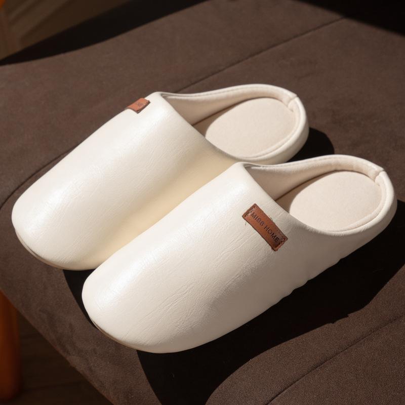 New Japanese-style PU leather silent home slippers autumn and winter couple home velvet warm non-slip cotton slippers