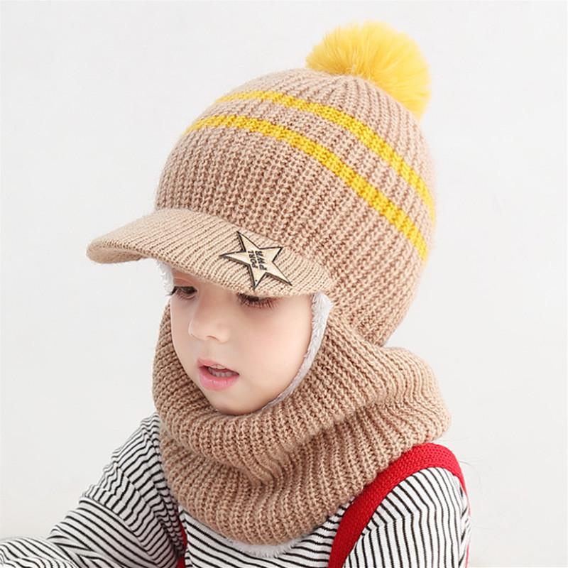 Kids' Winter Wool Hat with Velvet Lining & Duckbill Cap: Face Protection and Scarf Combo