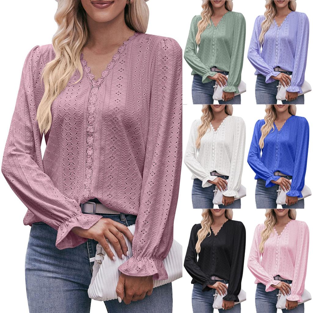 Women's Fashion Solid Color V-neck Long Sleeved Pullover T-shirt Top