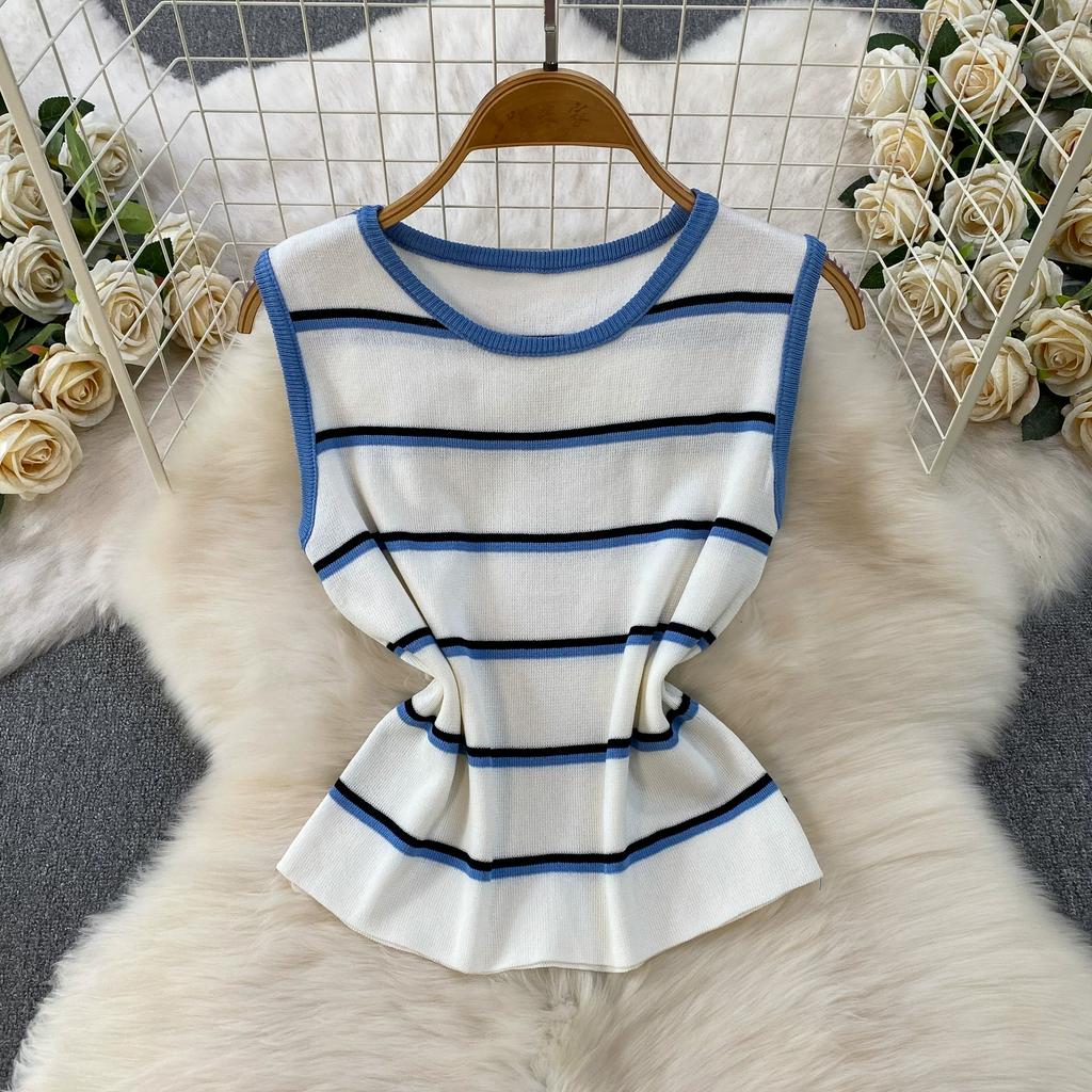 Casual Striped Crew-Neck Sleeveless Knit Top and High-Waisted Slimming Bodycon Midi Skirt Sets Summer Knitted Two Piece Sets for Women