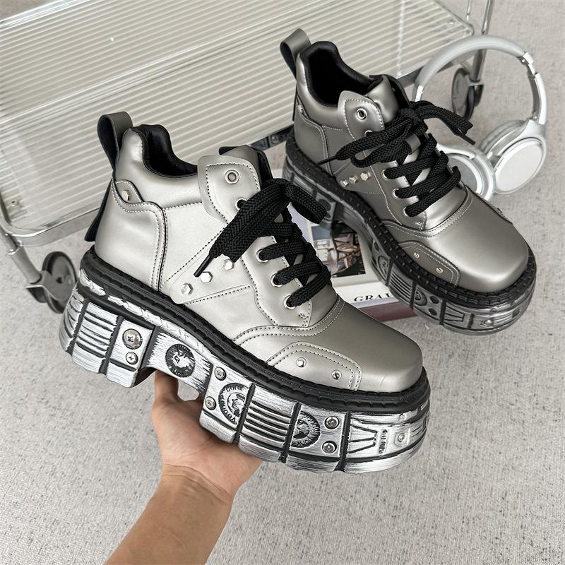 2025 New Trendy Men's Boots Heavy Metal Platform Low-top Punk Small Leather Shoes Dark Locomotive Boots 561201-J