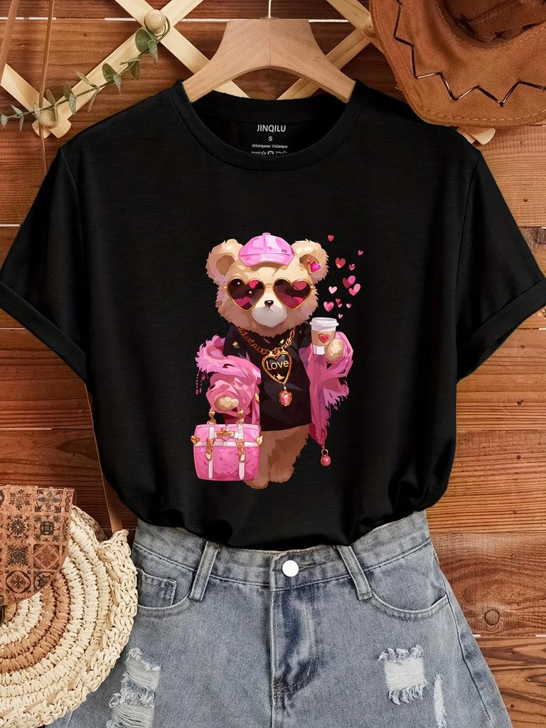Bear & Love Print T-ShirtCasual Crew Neck Short Sleeve Top For Spring & SummerWomen's Clothing T Shirts