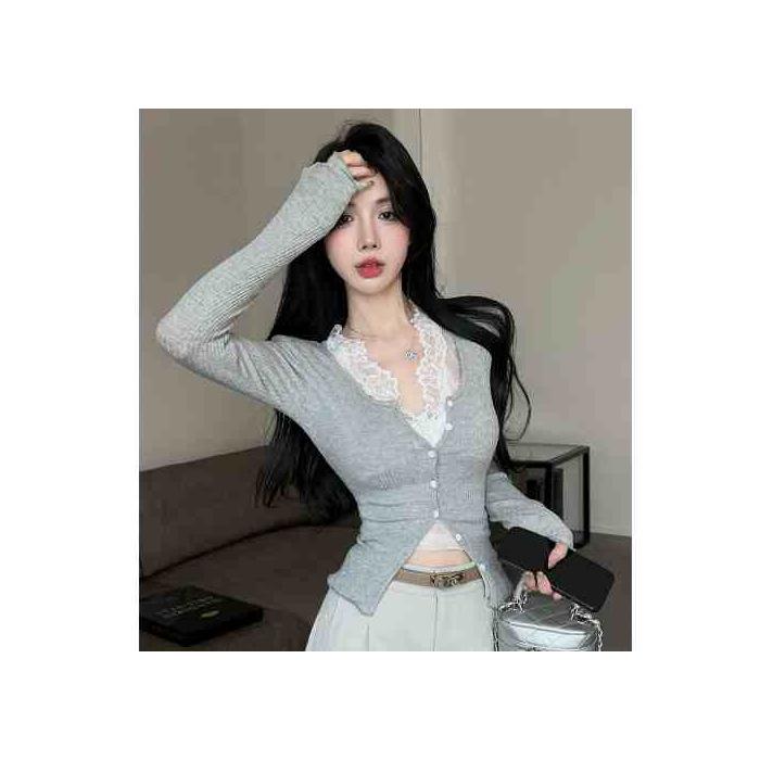 Cotton pit strip + lace, French pure desire style Spice Girl V-neck long-sleeved cardigan with lace stacked inside two-piece set S