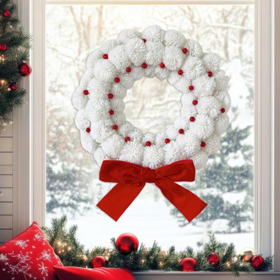 Plush Christmas Wreath White Fuzzy Pom Pom Ball Wreath with Red Bow And Berries for Home Window Fireplace Wall Door Holiday Decor