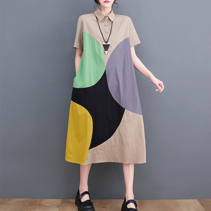 Short Sleeve Patchwork Contrast Color Dresses for Women Loose Casual Vintage Dress Fashion Elegant Clothes Spring Summer 2025