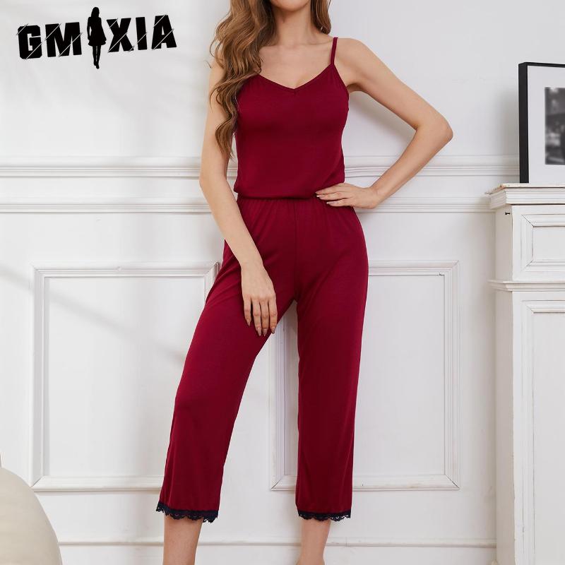 

GMXIA Пижама-майка Женская Летняя Сексуальная с Кружевной Отделкой Брюки Костюм из Двух Предметов Домашняя Одежда S красный