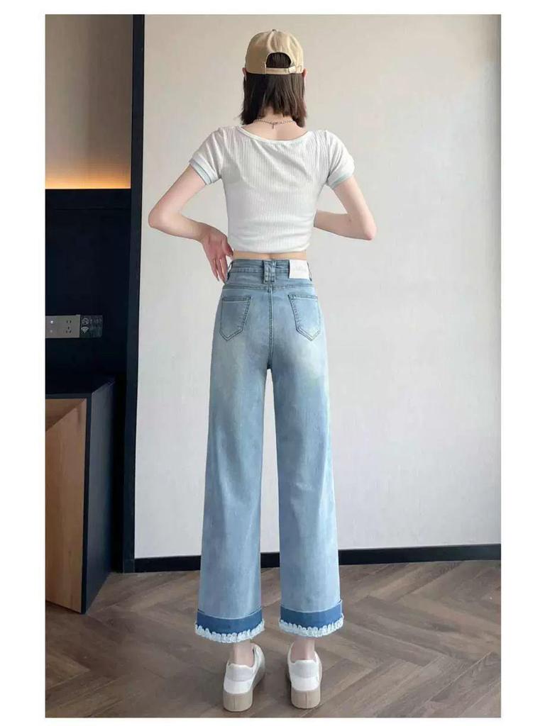 Women's Summer 2026 Lace Trim Baguette Jeans with Embroidered Patchwork: Petite, Slim Fit, 7/8 & 9/10 Lengths