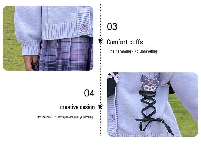 Kuromi School Style Girls' Cosplay Outfit: Sweater, Shirt, Plaid Skirt - Three-Piece Set for Spring/Autumn Performance.