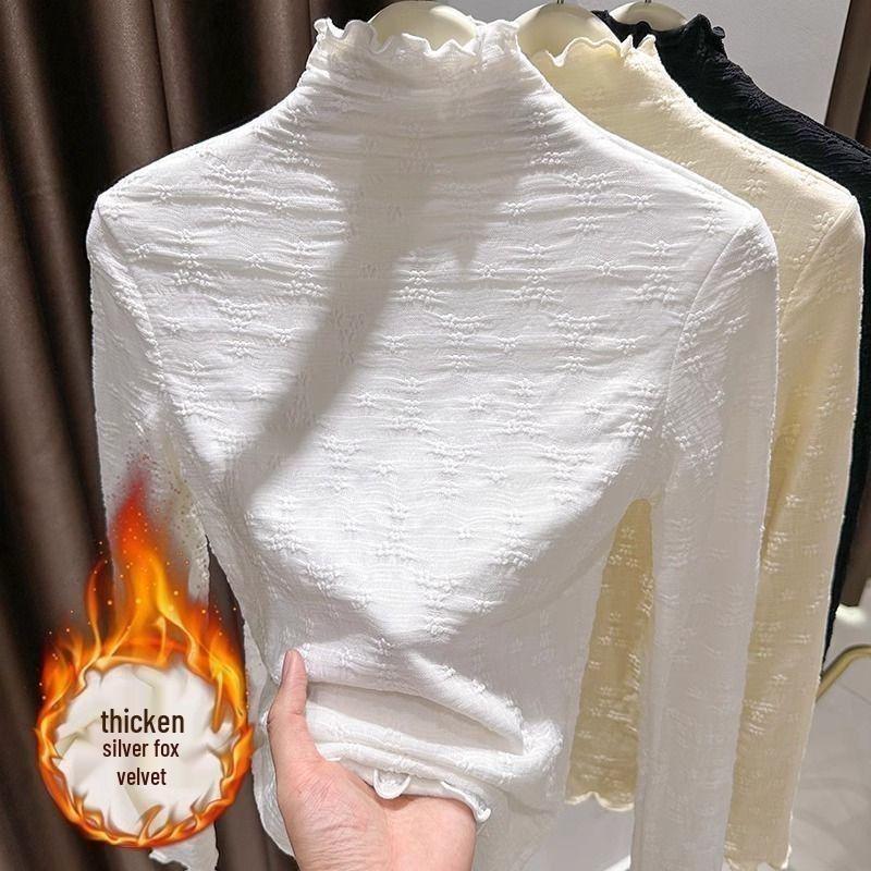 Autumn/Winter Thickened Lace Top: Fleece-Lined, Waist-Cinching, Sweater Collar, Semi-High Neck Inner Layer. Fashionable and Stylish. XL (Weight 110-120 kg)