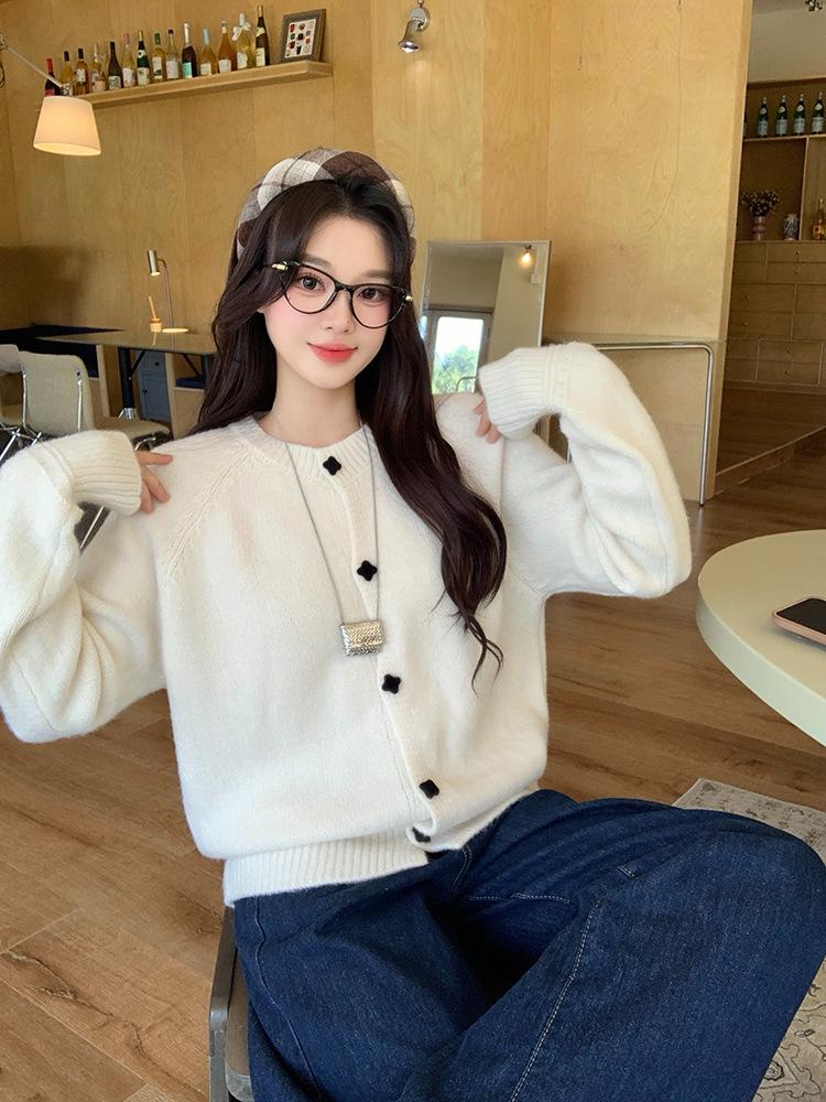 Damen Plus Size Süßer Gestrickter Pullover im Koreanischen Stil mit Quadratischer Schnalle