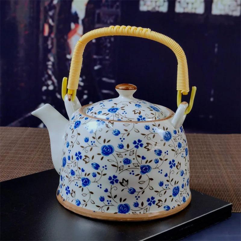 Ceainic din porțelan de uz casnic Oală din ceramică de mare capacitate cu apă rece Oală mare din porțelan, albastru și alb, cu mâner cu buclă
