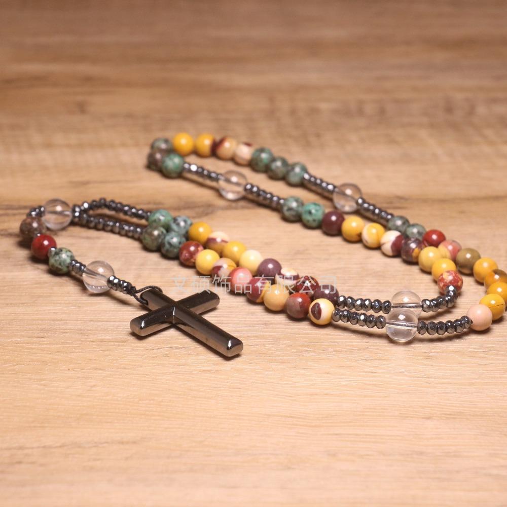 Collier pendentif croix en pierre naturelle, Croix en pierre d'œil de tigre et fer à bille chapelet collier pour homme