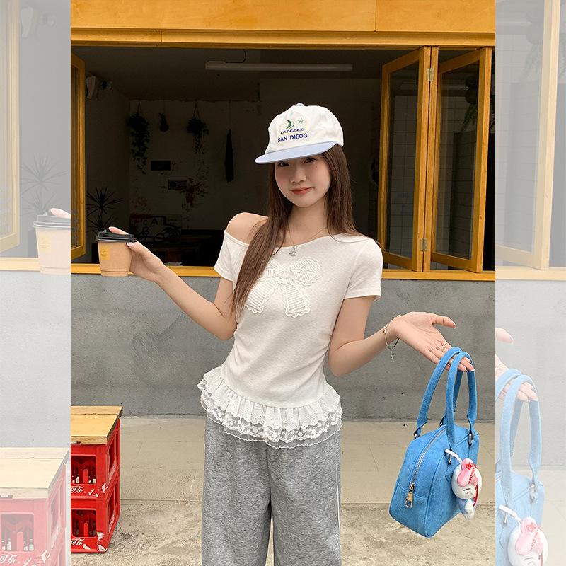 Slant Neck Lace Splicing Short-sleeved T-shirt Women's Summer New Slim-fit Bow Design Top