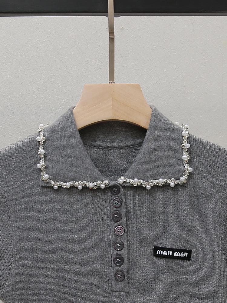 Nanyou Women's Autumn New Fragrant Style Beaded Turn-Down Collar Slim-Fit Knitted Sweater