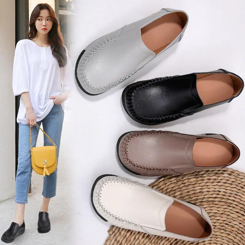 Fashion Spring and Summer Women Shoes Slip on Genuine Leather Sneaker Fashion Thick-soled Rocking Shoes Platform Wedge Loafers for Women
