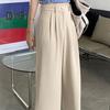 Women Suit Pants Button Zipper Fly High Waist Long Trousers Solid Color Straight Wide Leg Office Lady Pants
