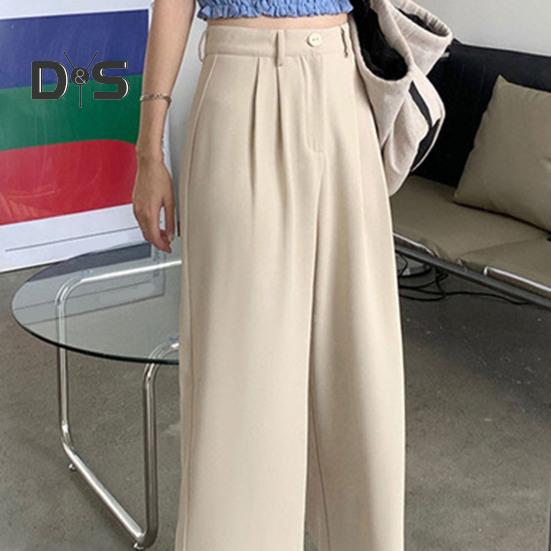 Women Suit Pants Button Zipper Fly High Waist Long Trousers Solid Color Straight Wide Leg Office Lady Pants