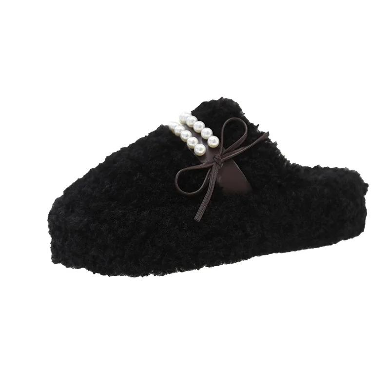Fashion Fur Slippers Women Leopard Cotton Beaded Flats Shoes Woman 2024 Trend Winter Fashion Slingback Casual Warm Snow Boots Flip Flops