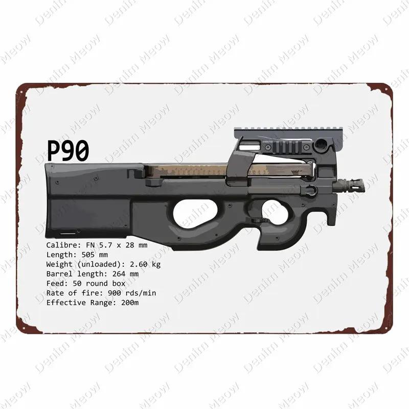 Plaque Métallique Vintage Uzi - Plaque Étain Pistolet Fusil, Décoration pour Fans Militaires Bar Club Café Pièce, Peinture Art Mural