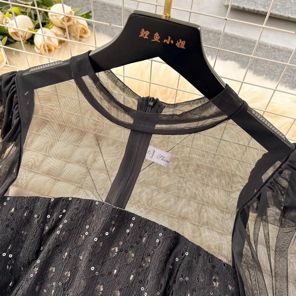 Elegant Sequined Mermaid Party Dresses Women Slim Patchwork Black Mesh Lace Long Flare Sleeve Evening Prom Robe Female Clothing