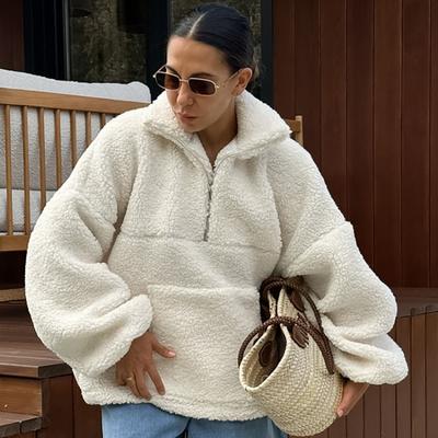 Casual Polo Collar Fleece Sweatshirt Women Loose Half Zipper Long Sleeve Pocket Jacket Autumn Winter Lady Solid Color Warm Cozy Outwear