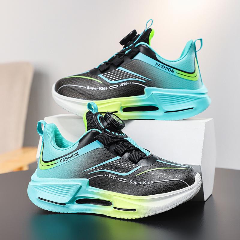 Children's and boys' sports shoes 2025 new leather non-slip rotary buckle running shoes medium and older children's casual sports shoes trend
