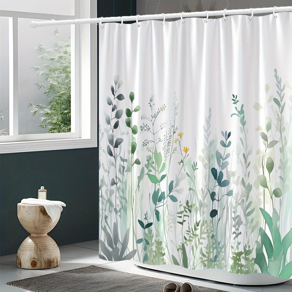 1pc Wildflower And Weed Shower Curtain with Natural Green Landscape, 70X70 Inch Polyester Shower Curtain, 12 Hooks.