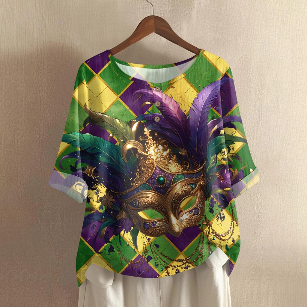 Women's Fashionable And Casual Shirt Half Sleeve Round Neck Print Cotton And Linen Blouse Top