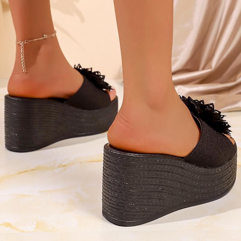 Women's Black Big Flower Chunky Platform Slippers  Summer Thick Sole Wedge Sandals Woman  43 Non-slip Beach Shoes