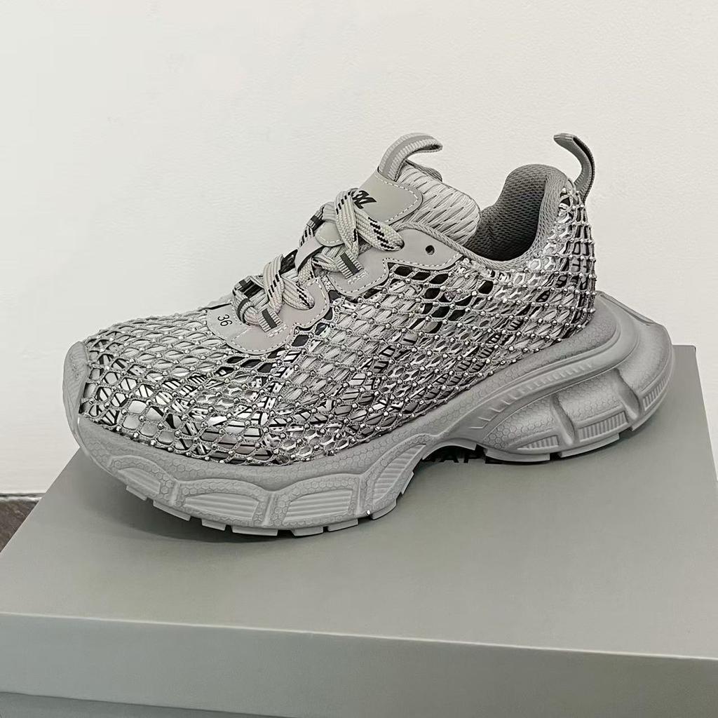 Hochwertige Sneakers Damen Skateschuhe Strass Damen Slipper Plateau Fischnetz Glänzende Damen Freizeitschuhe Kristall Sneaker