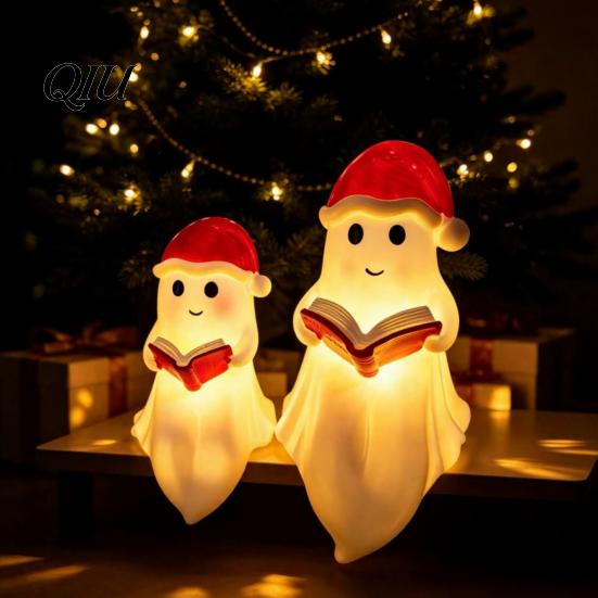 Indoor Tabletop Christmas Decor Cute Ghost Reading Book Lamp, Resin Figurine with Santa Hat, Desktop Ornament for Warm Lighted Halloween Night