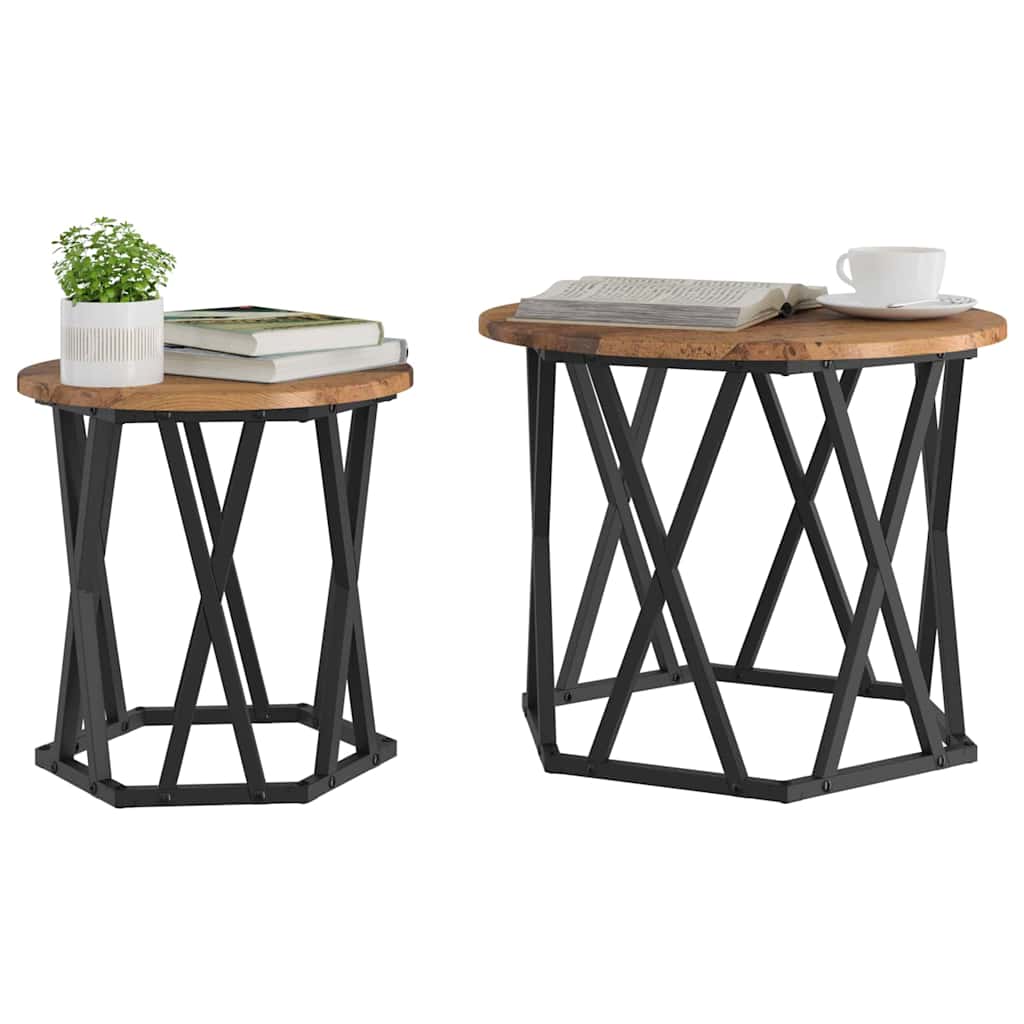 Side Table 2 Pcs Reclaimed Wood Engineered Wood and Steel
