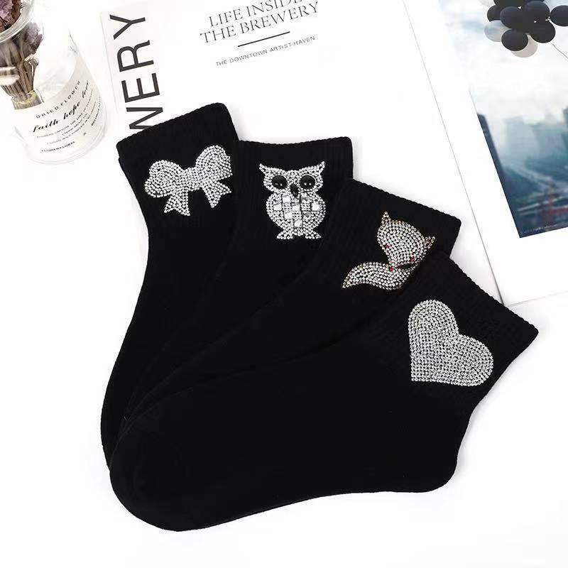 New Rhinestone Decorative Socks, Fashionable Diamond Sparkling Socks, Cute Cartoon Animal Pattern Comfortable Low Cut Socks