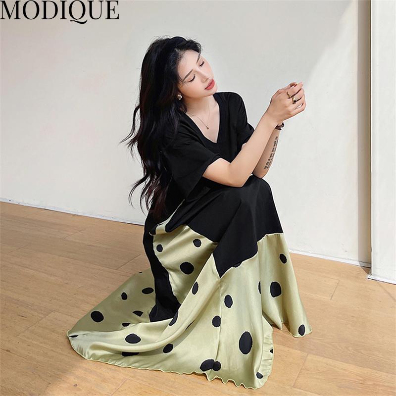 MODIQUE Summer Plus Size Women Loose Casual A-Line Patchwork Dot Print Silk Hemline Long Dresses Female Versatile Oversize Short Sleeve V-Neck Dresses