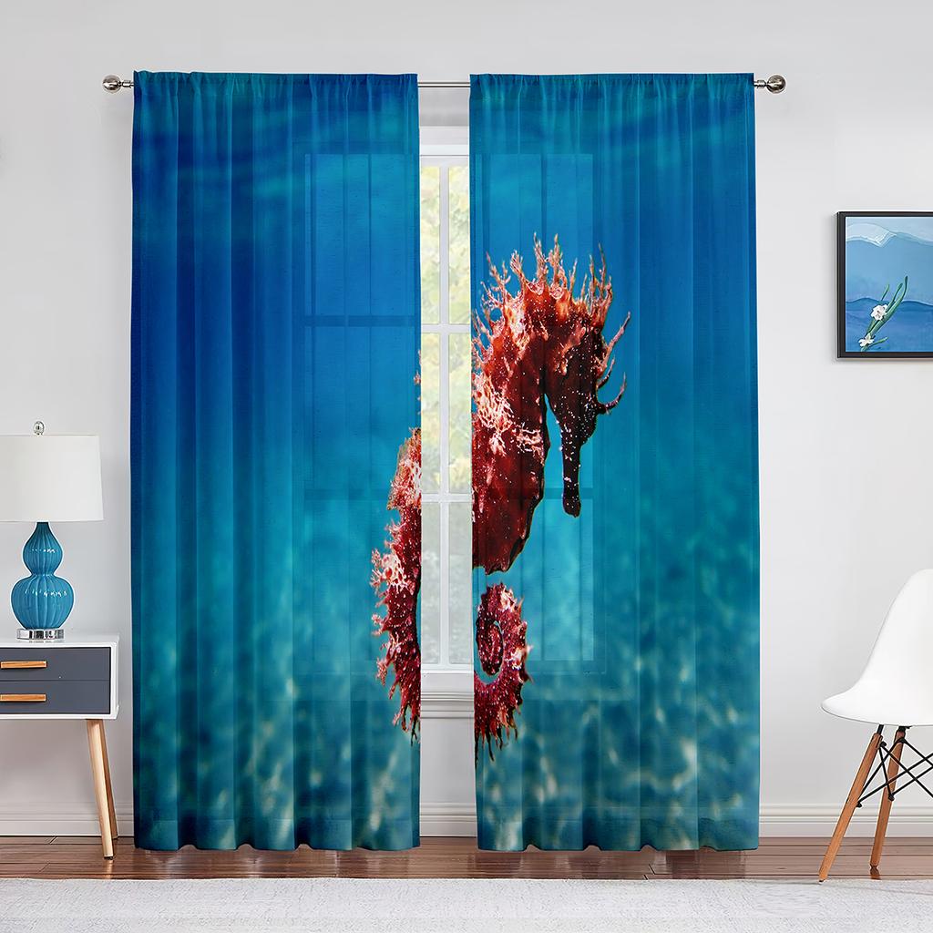 Ocean Seahorse Blue Sheer Voile Curtain Underwater Marine Life Window Tulle Curtains for Living Room Bedroom Kitchen Decoration