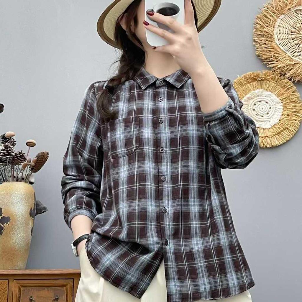 Women's Autumn Plaid Double-Layer Long-Sleeve Cotton Shirt - Japanese Style, Soft, Skin-Friendly, Breathable