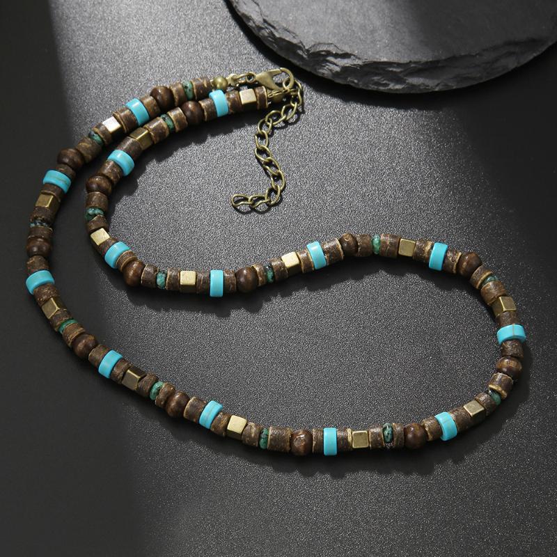 Men'S Layered Wood Walnut Bead Necklace European American Style Hiphop Vintage Long Chain Stackable Bohemian Accessories