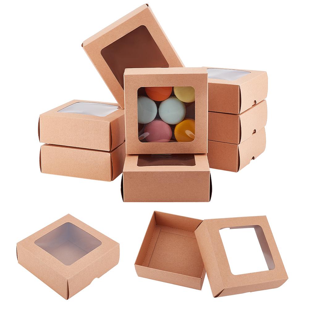 10sets Folding Kraft Paper Cardboard Jewelry Gift Boxes with PVC Visible Window Square BurlyWood Finished Product: 13x13x5cm