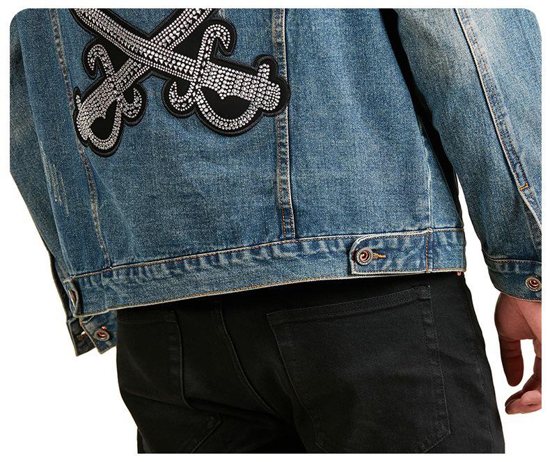 Xintang Men's Rhinestone-Studded Denim Jacket - Plus Size, Heavy Embroidery, Loose Fit Outwear