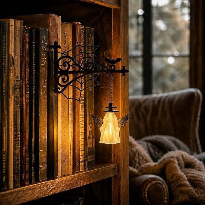 Halloween Gothic LED Wall‑Mounted Night Light, Retro Metal Bookshelf Reading Lamp, Spooky Home Room Wall Decor Ornament