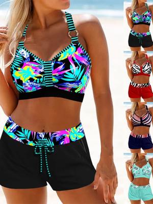 Damen Bikini Set, Sexy, Lässiger Badeanzug im Resort-Stil, Träger, Verstellbar, Modisch, Bedruckt, S-6XL