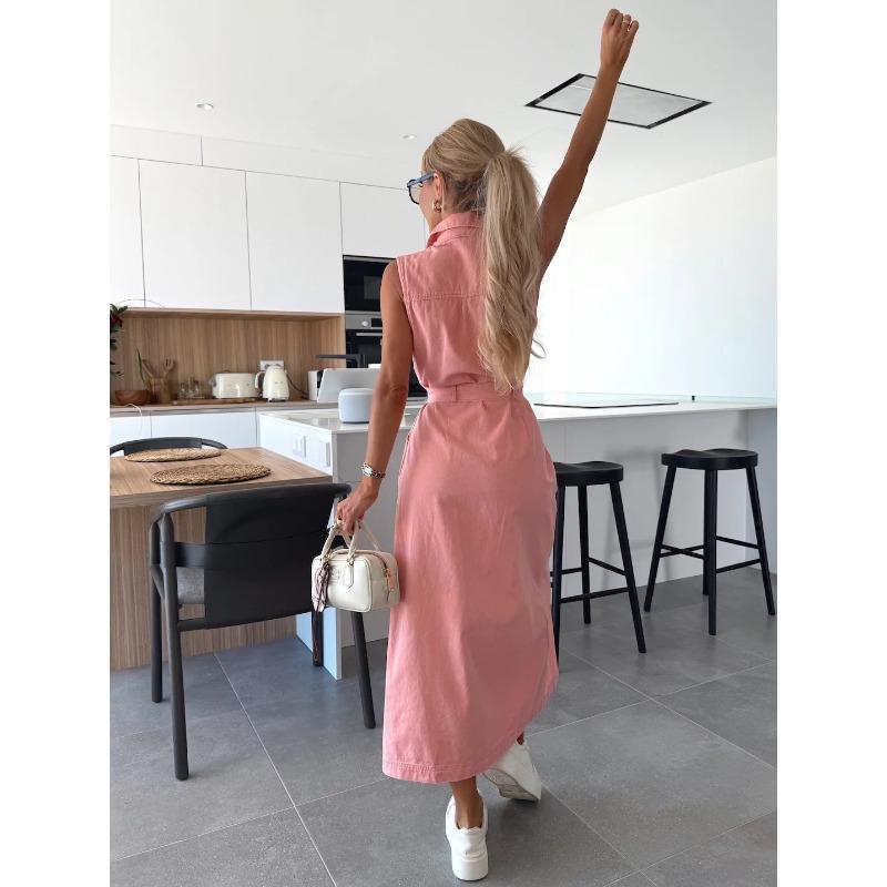 VEZFAA Dámská móda Léto Jaro Jednobarevný potisk Neformální šaty POLO bez rukávů s vysokým pasem