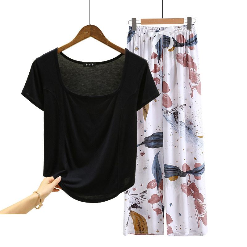 Fashion U Nek Tshirt and Floral Wide leg pants Summer fashion homewear 2pcs suit Loose Casual pajamas set comfort loungewear plus size