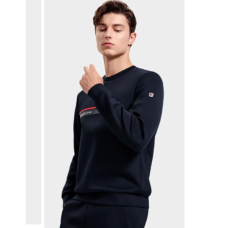 FILA Letter Print Tennis Sports Knit Crew Neck Pullover Sweatshirt Men sweatshirt Dark-Blue A11M313203FNV
