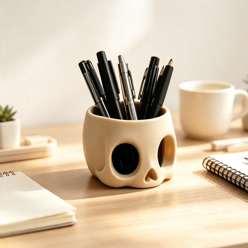 Retro Art Skull Shaped Pen Pencil Holder Home Office Desk Makeup Supplies Office Organizer Accessory Prop