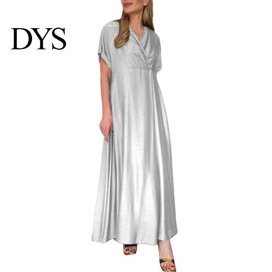 V-neck Long Dress Spring Women V Neck Short Sleeve Loose A-line Pure Color Slimming Ankle Length Maxi Pleated Prom Party Dating